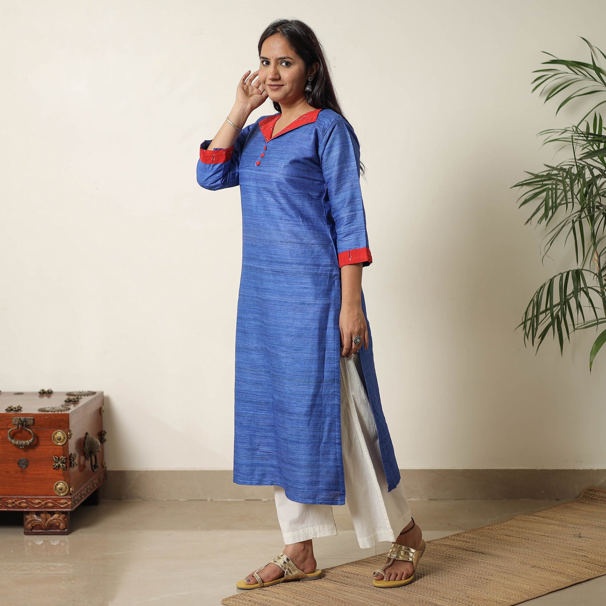 Blue - Bhagalpuri Handwoven Desi Tussar Silk Straight Kurta 08