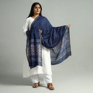 Blue - Akola Dabu Block Printed Handloom Chanderi Silk Dupatta with Zari Border 15