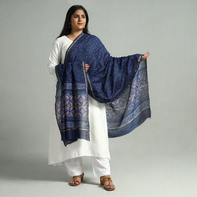 Blue - Akola Dabu Block Printed Handloom Chanderi Silk Dupatta with Zari Border 15