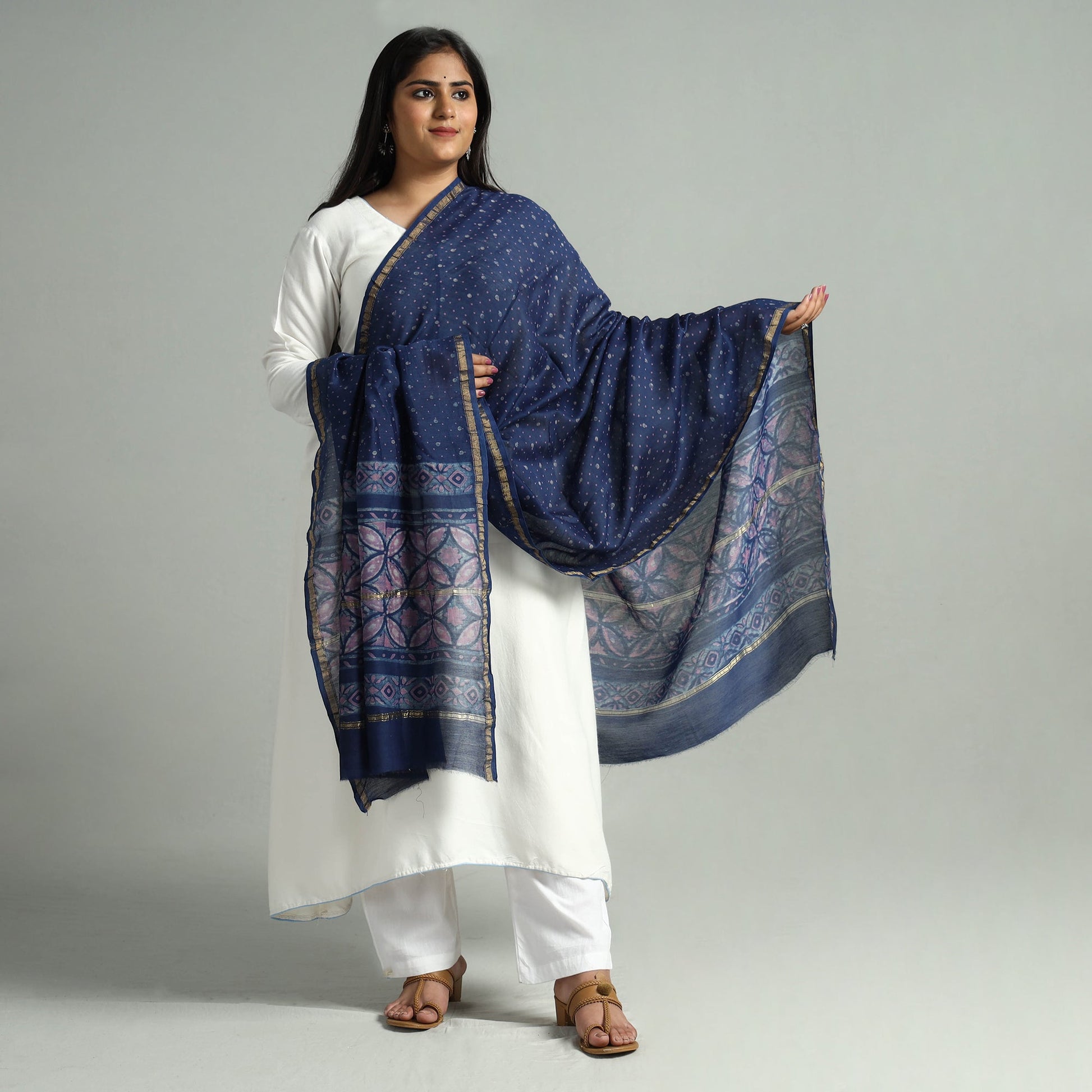 Blue - Akola Dabu Block Printed Handloom Chanderi Silk Dupatta with Zari Border 15