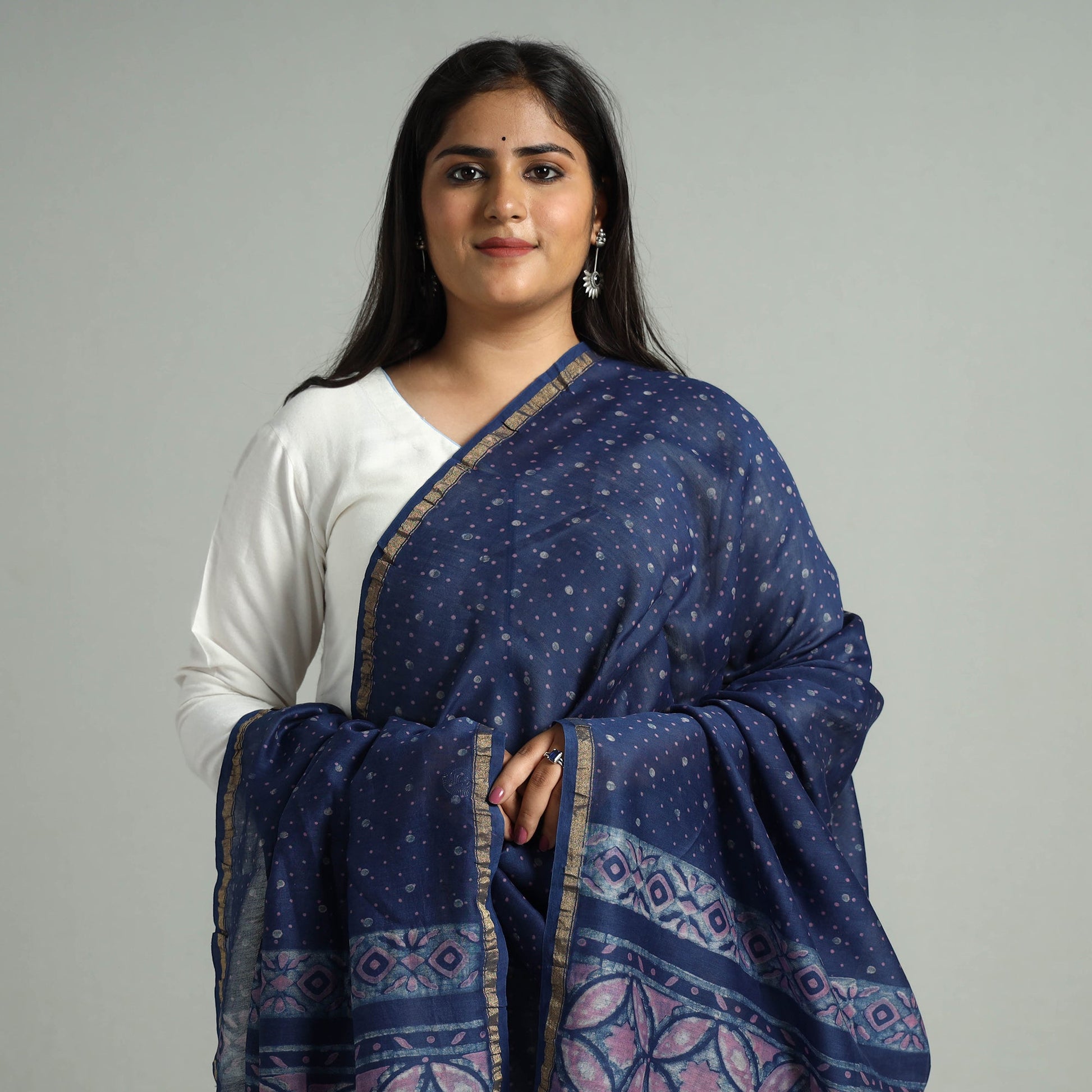 Blue - Akola Dabu Block Printed Handloom Chanderi Silk Dupatta with Zari Border 15