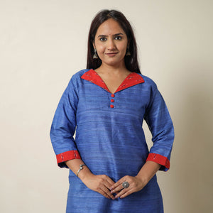 Blue - Bhagalpuri Handwoven Desi Tussar Silk Straight Kurta 08
