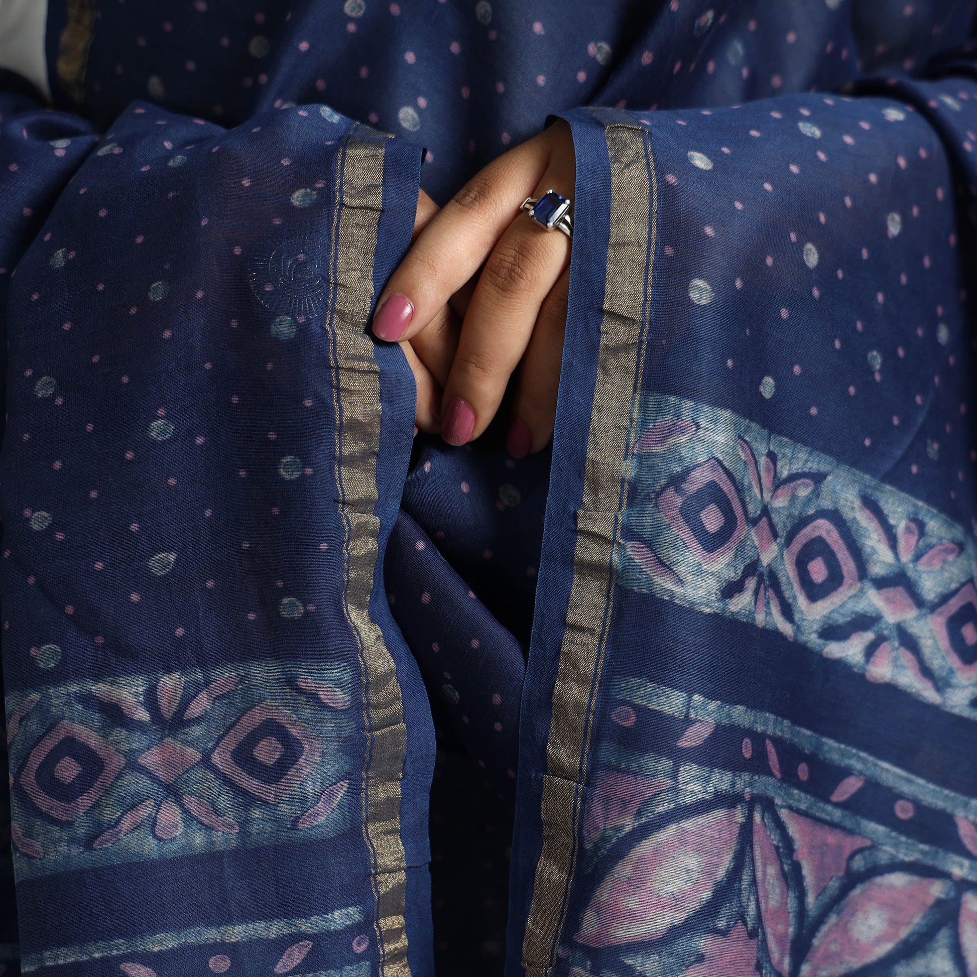 Blue - Akola Dabu Block Printed Handloom Chanderi Silk Dupatta with Zari Border 15