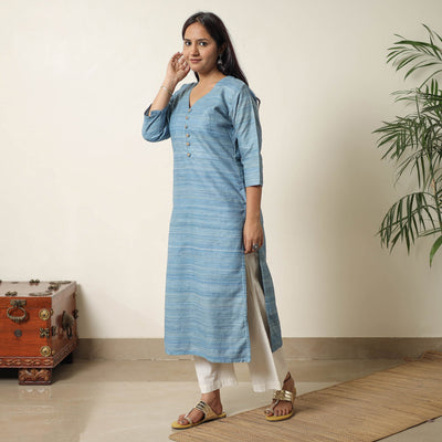 Blue - Bhagalpuri Handwoven Desi Tussar Silk Straight Kurta 03