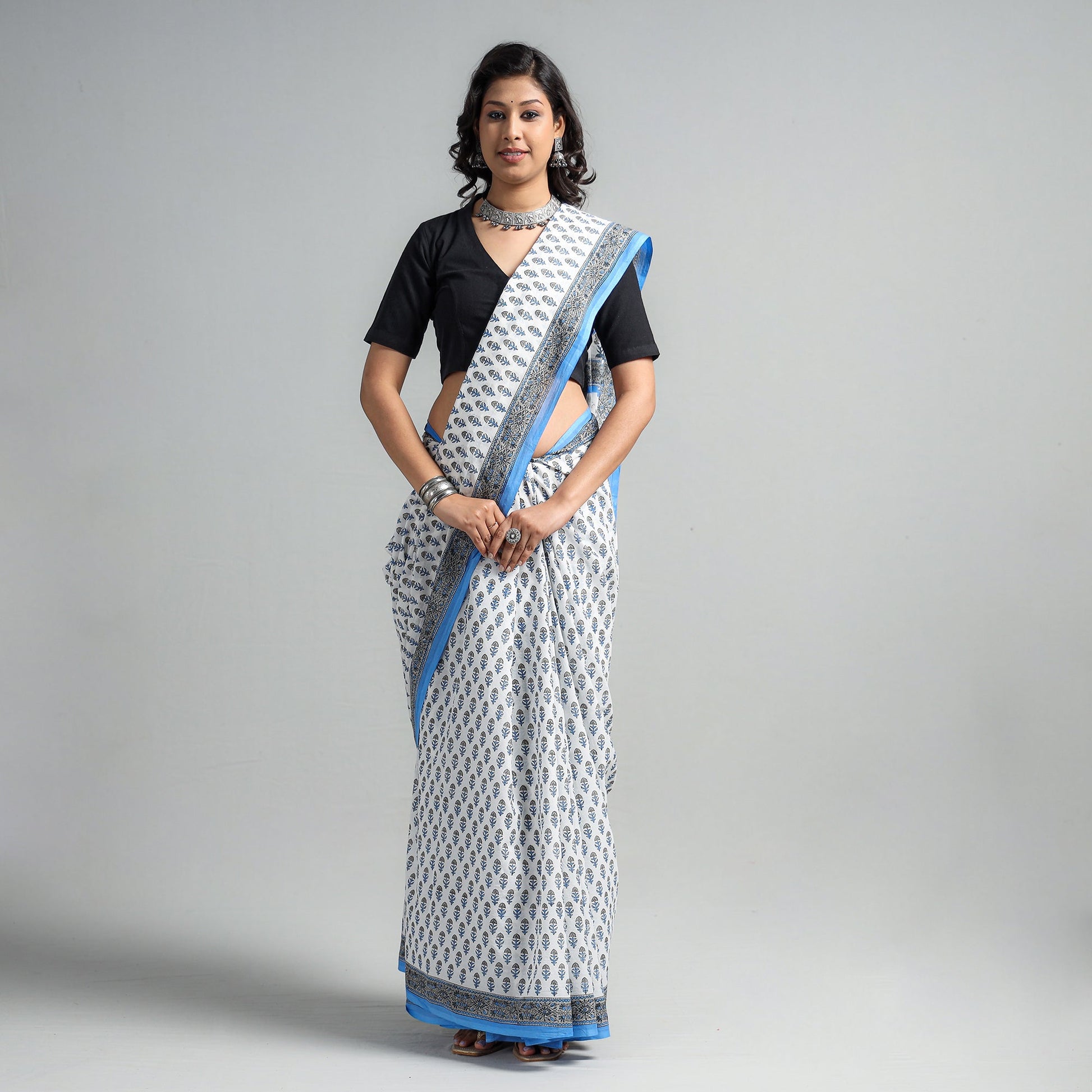 Blue - Block Printed Mul Cotton Sanganeri Saree