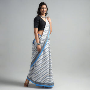 Blue - Block Printed Mul Cotton Sanganeri Saree
