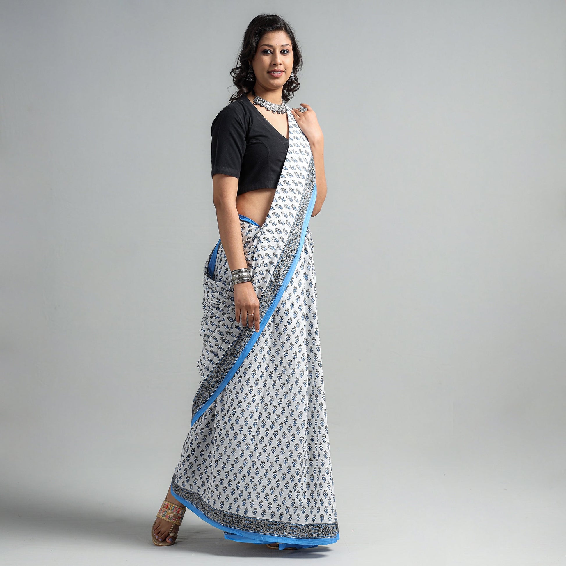 Blue - Block Printed Mul Cotton Sanganeri Saree