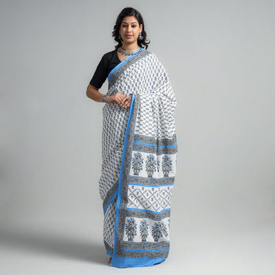 Blue - Block Printed Mul Cotton Sanganeri Saree