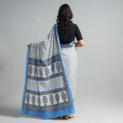 Blue - Block Printed Mul Cotton Sanganeri Saree