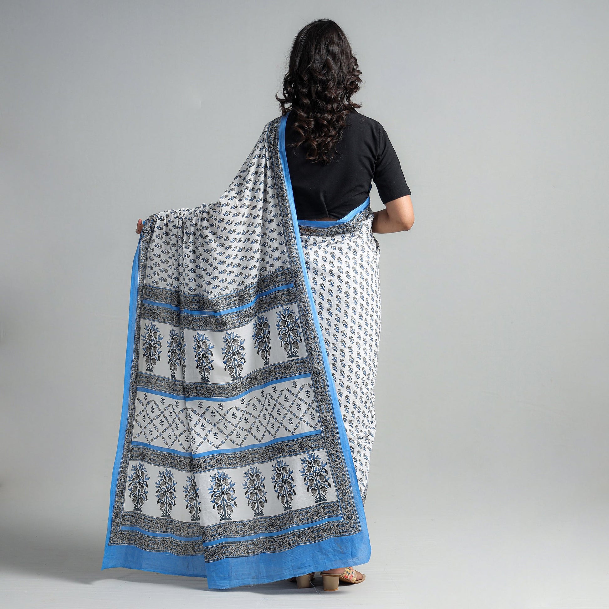 Blue - Block Printed Mul Cotton Sanganeri Saree