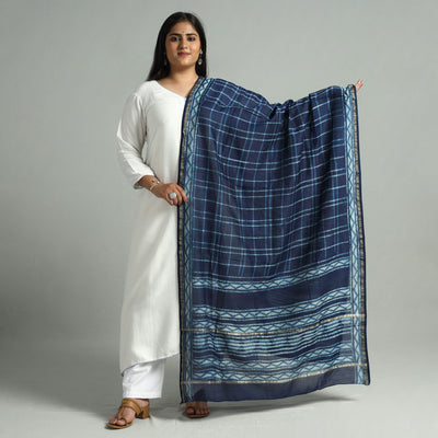 Blue - Akola Dabu Block Printed Handloom Chanderi Silk Dupatta 18