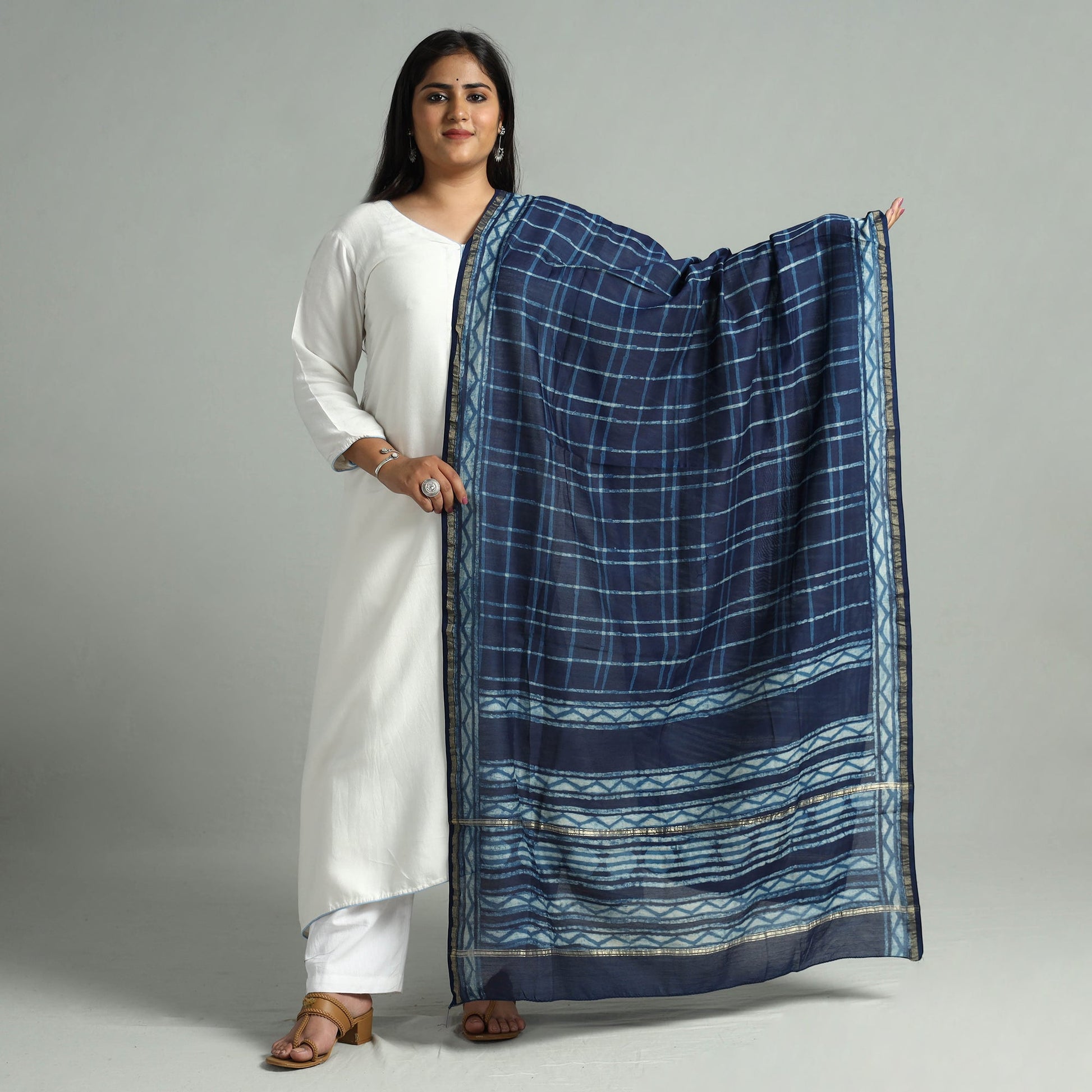 Blue - Akola Dabu Block Printed Handloom Chanderi Silk Dupatta 18
