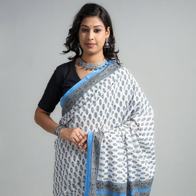 Blue - Block Printed Mul Cotton Sanganeri Saree