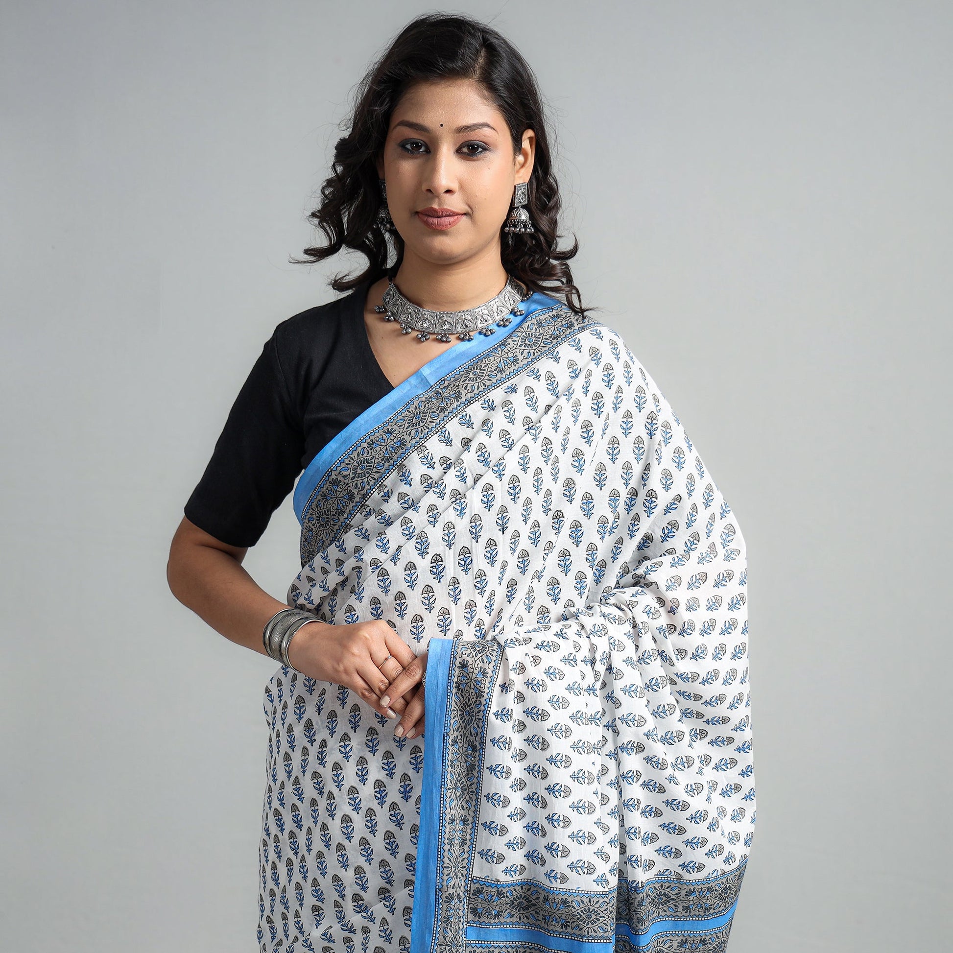 Blue - Block Printed Mul Cotton Sanganeri Saree