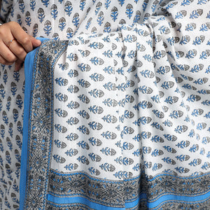 Blue - Block Printed Mul Cotton Sanganeri Saree