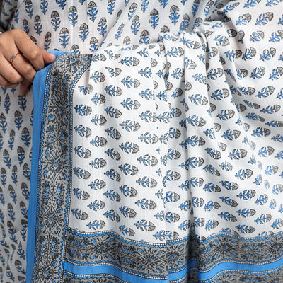 Blue - Block Printed Mul Cotton Sanganeri Saree