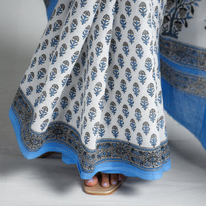 Blue - Block Printed Mul Cotton Sanganeri Saree