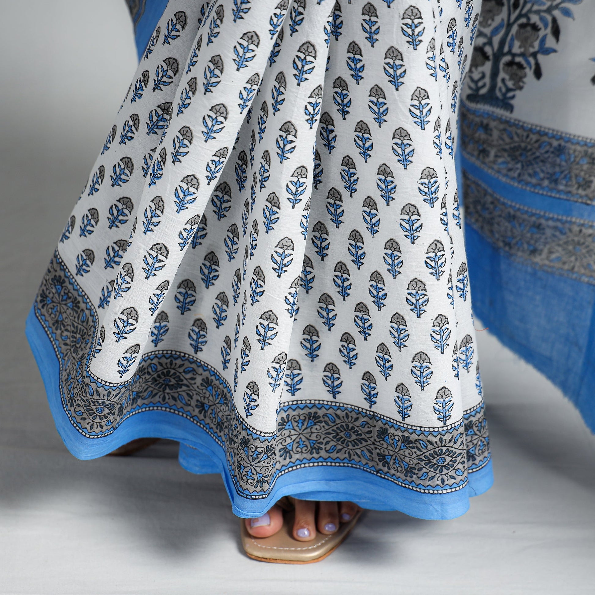 Blue - Block Printed Mul Cotton Sanganeri Saree
