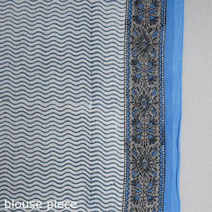 Blue - Block Printed Mul Cotton Sanganeri Saree
