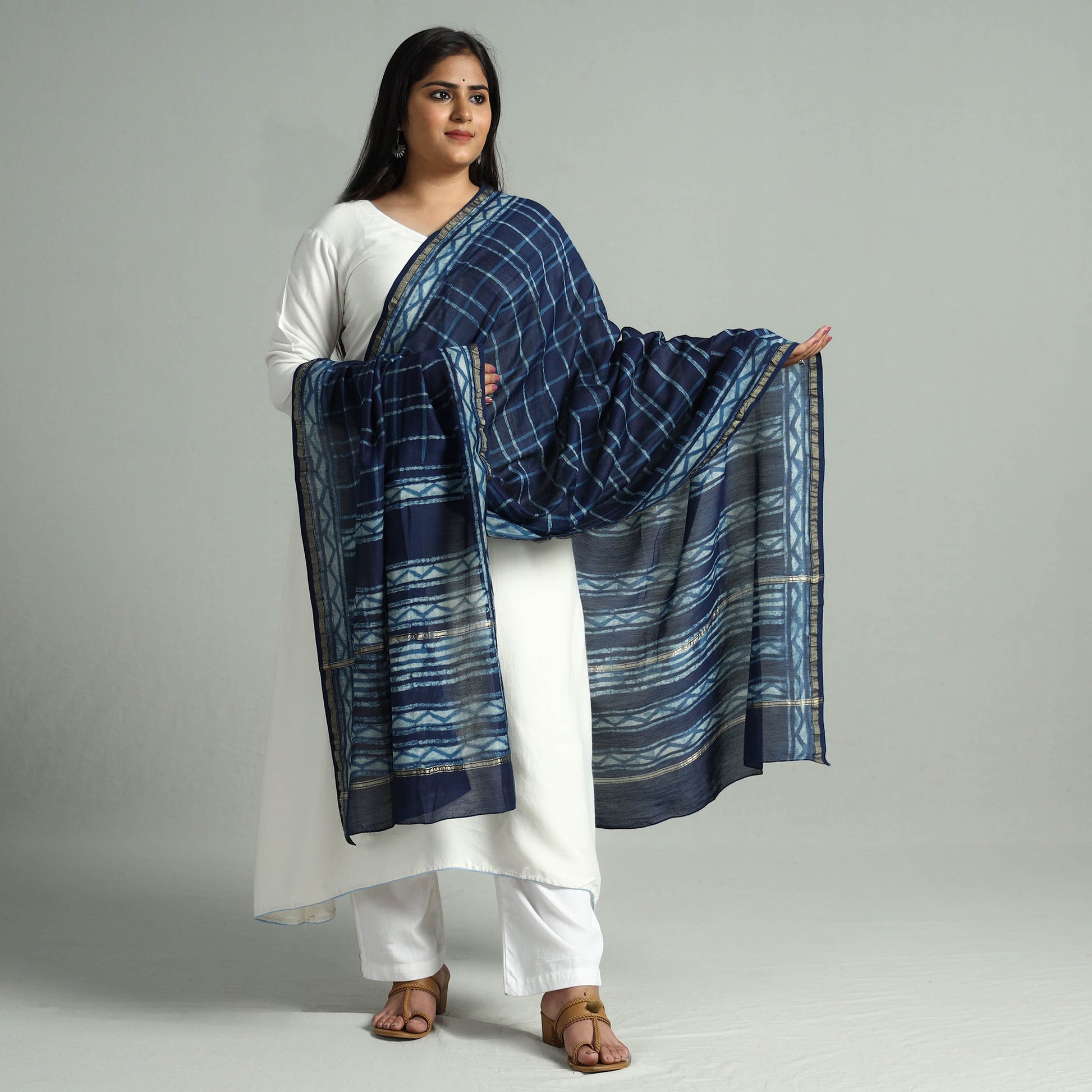 Blue - Akola Dabu Block Printed Handloom Chanderi Silk Dupatta 18