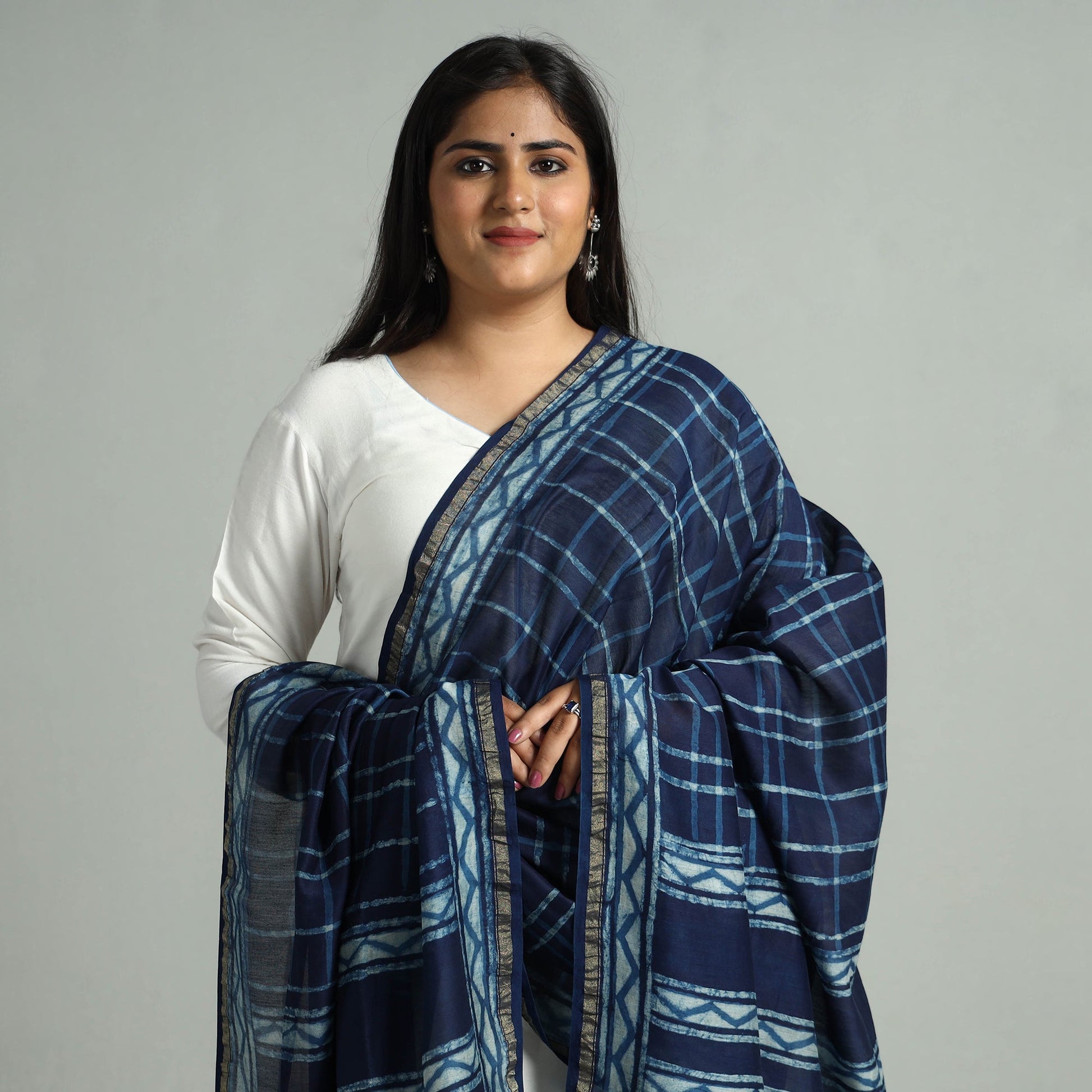Blue - Akola Dabu Block Printed Handloom Chanderi Silk Dupatta 18