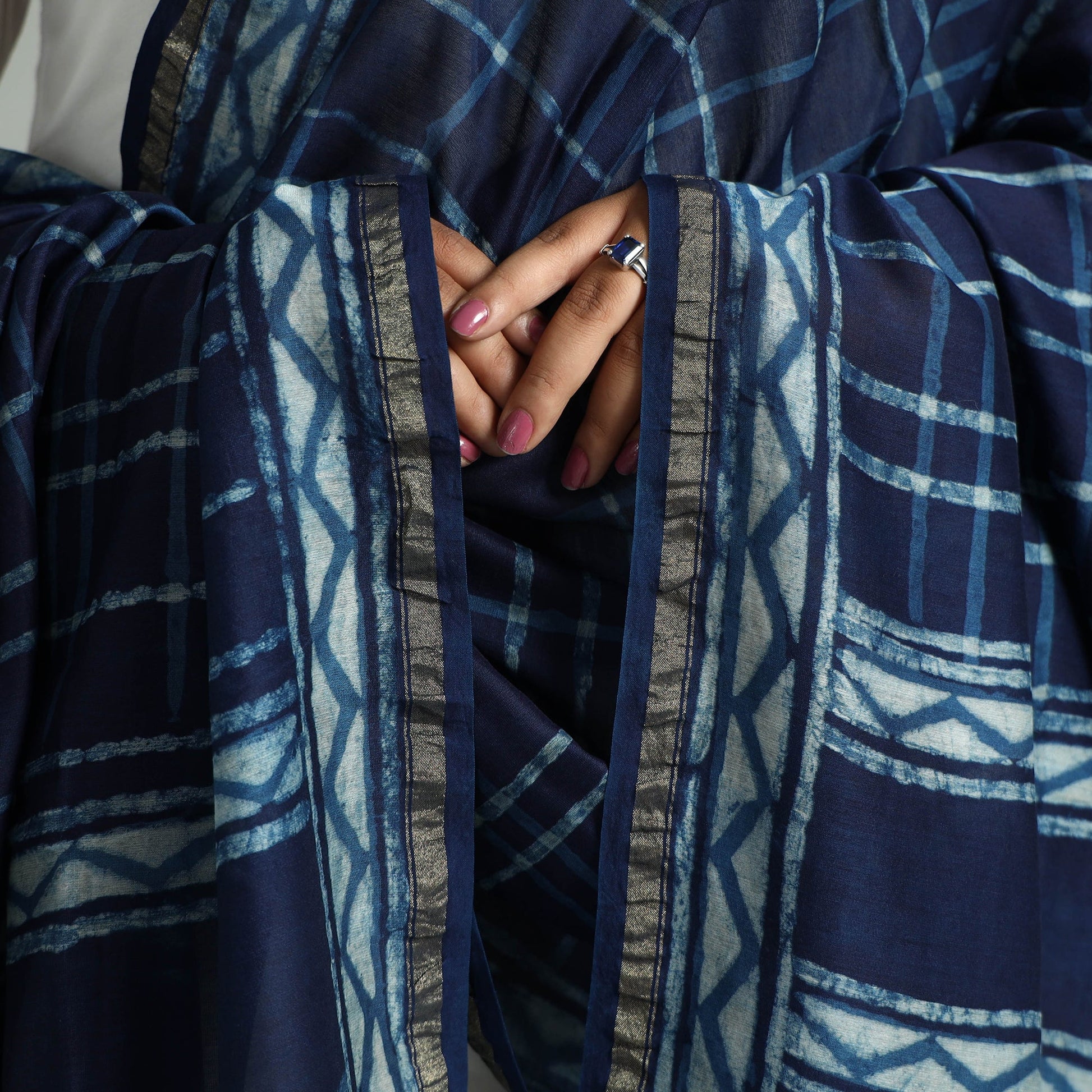 Blue - Akola Dabu Block Printed Handloom Chanderi Silk Dupatta 18