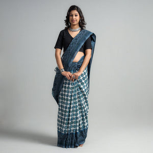 Blue - Block Printed Mul Cotton Sanganeri Saree