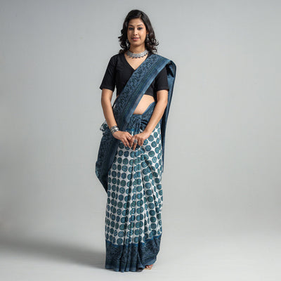 Blue - Block Printed Mul Cotton Sanganeri Saree