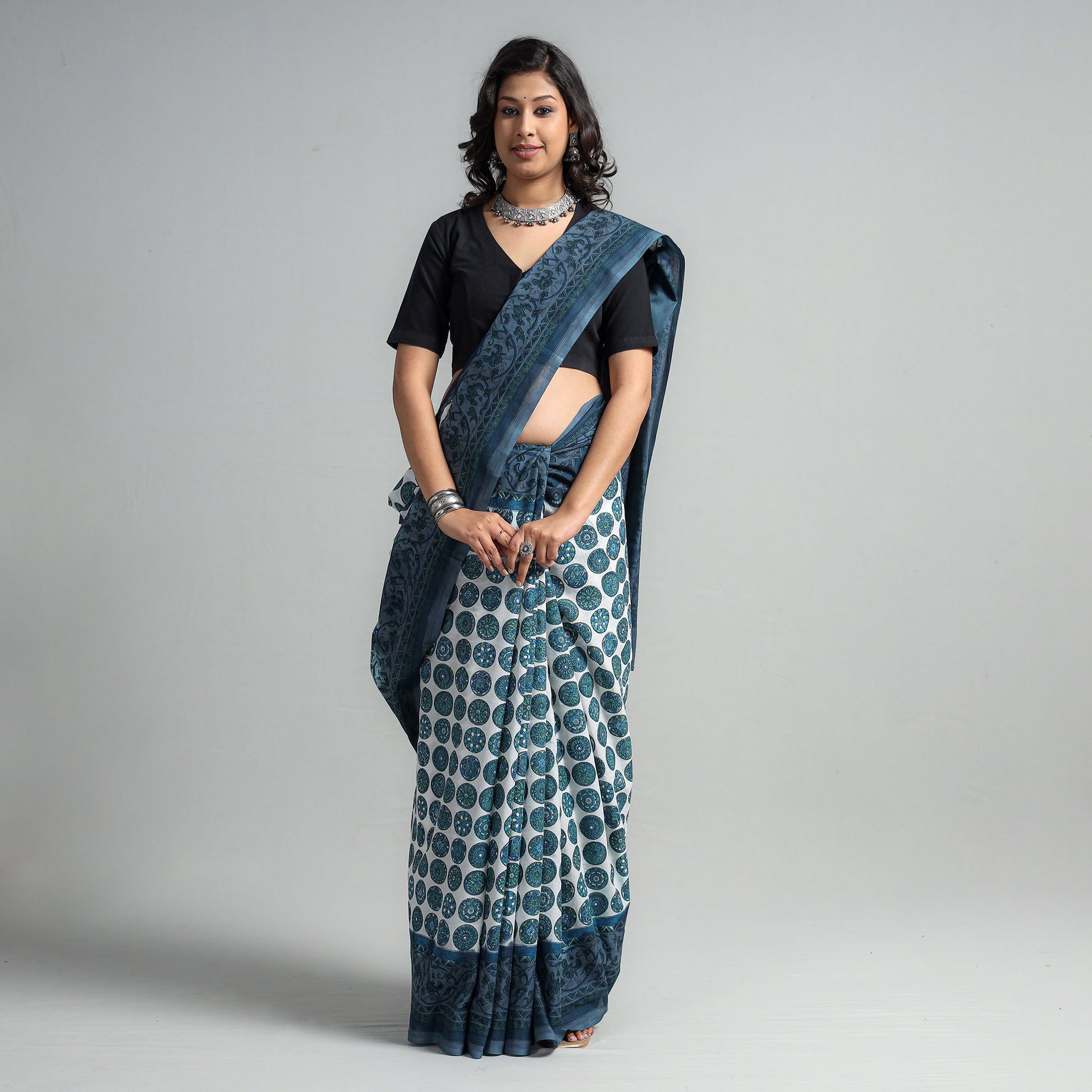 Blue - Block Printed Mul Cotton Sanganeri Saree