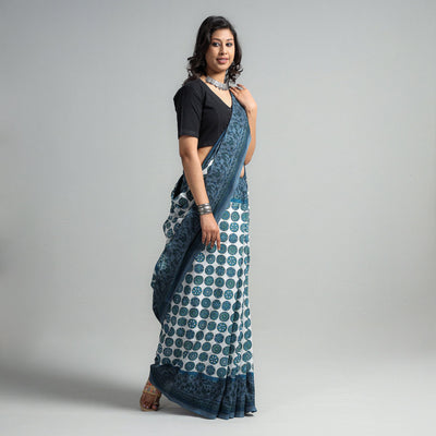 Blue - Block Printed Mul Cotton Sanganeri Saree