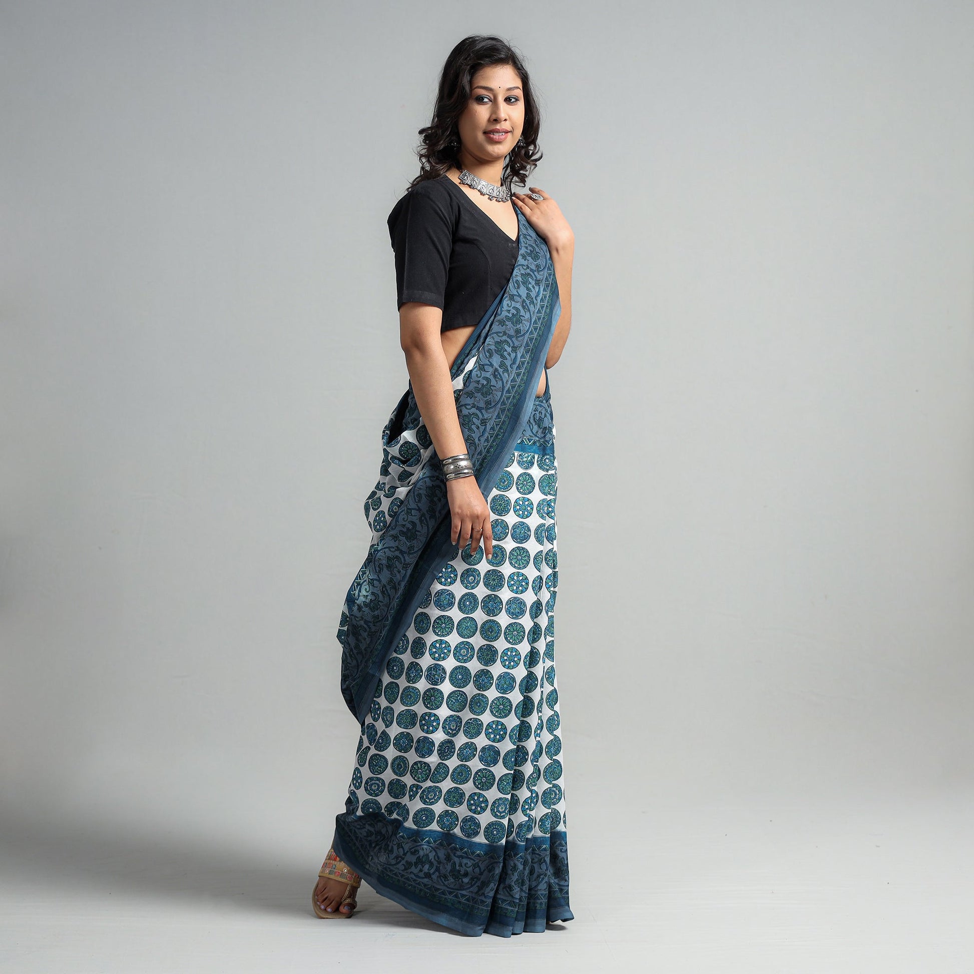 Blue - Block Printed Mul Cotton Sanganeri Saree