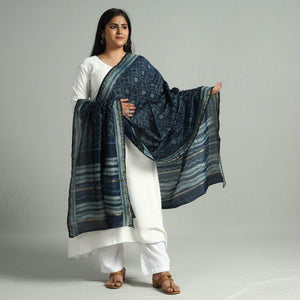 Blue - Akola Dabu Block Printed Handloom Chanderi Silk Dupatta 20