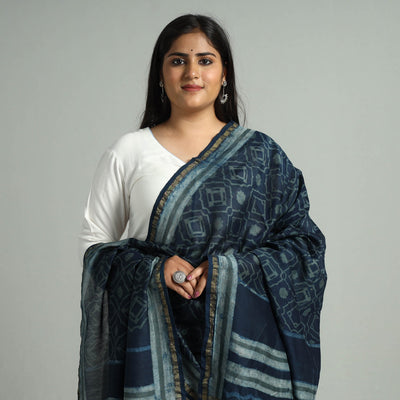 Blue - Akola Dabu Block Printed Handloom Chanderi Silk Dupatta 20