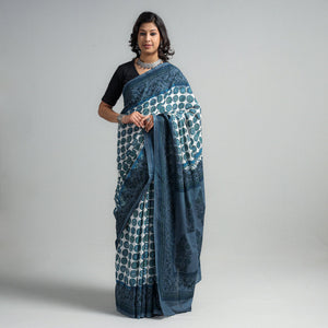 Blue - Block Printed Mul Cotton Sanganeri Saree