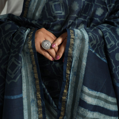 Blue - Akola Dabu Block Printed Handloom Chanderi Silk Dupatta 20