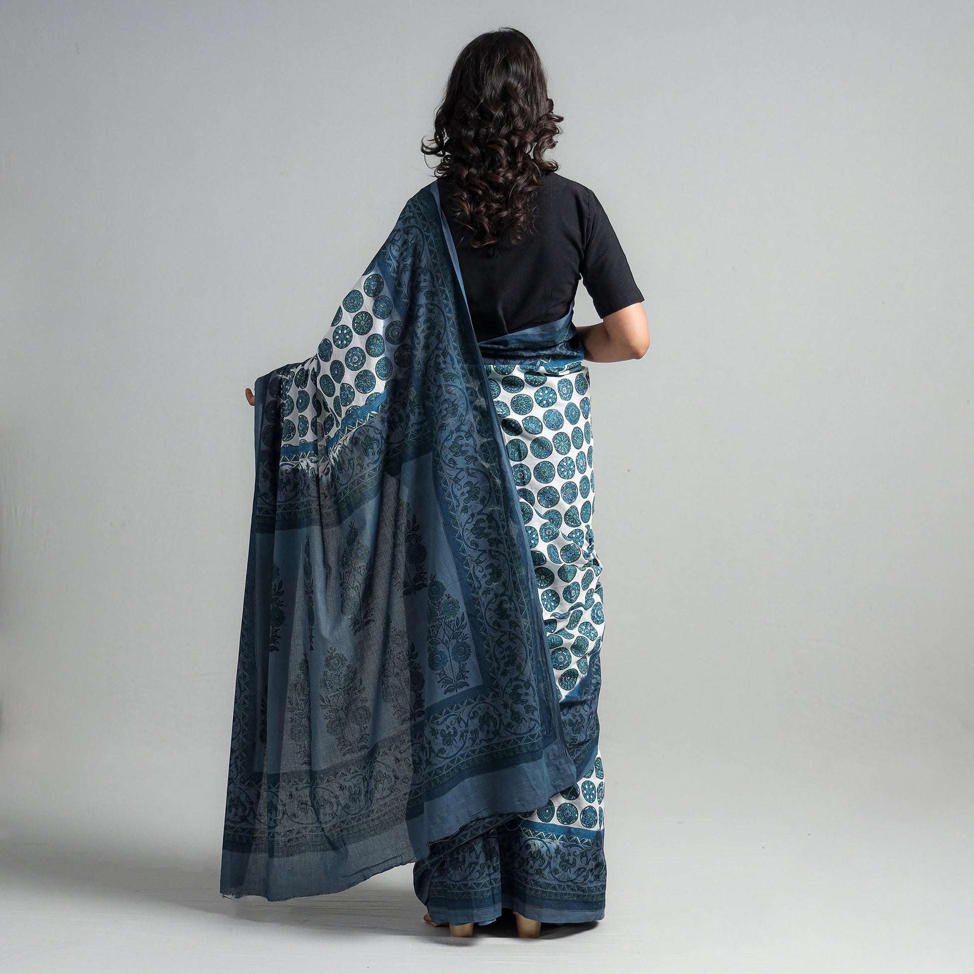 Blue - Block Printed Mul Cotton Sanganeri Saree