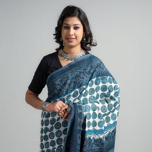 Blue - Block Printed Mul Cotton Sanganeri Saree