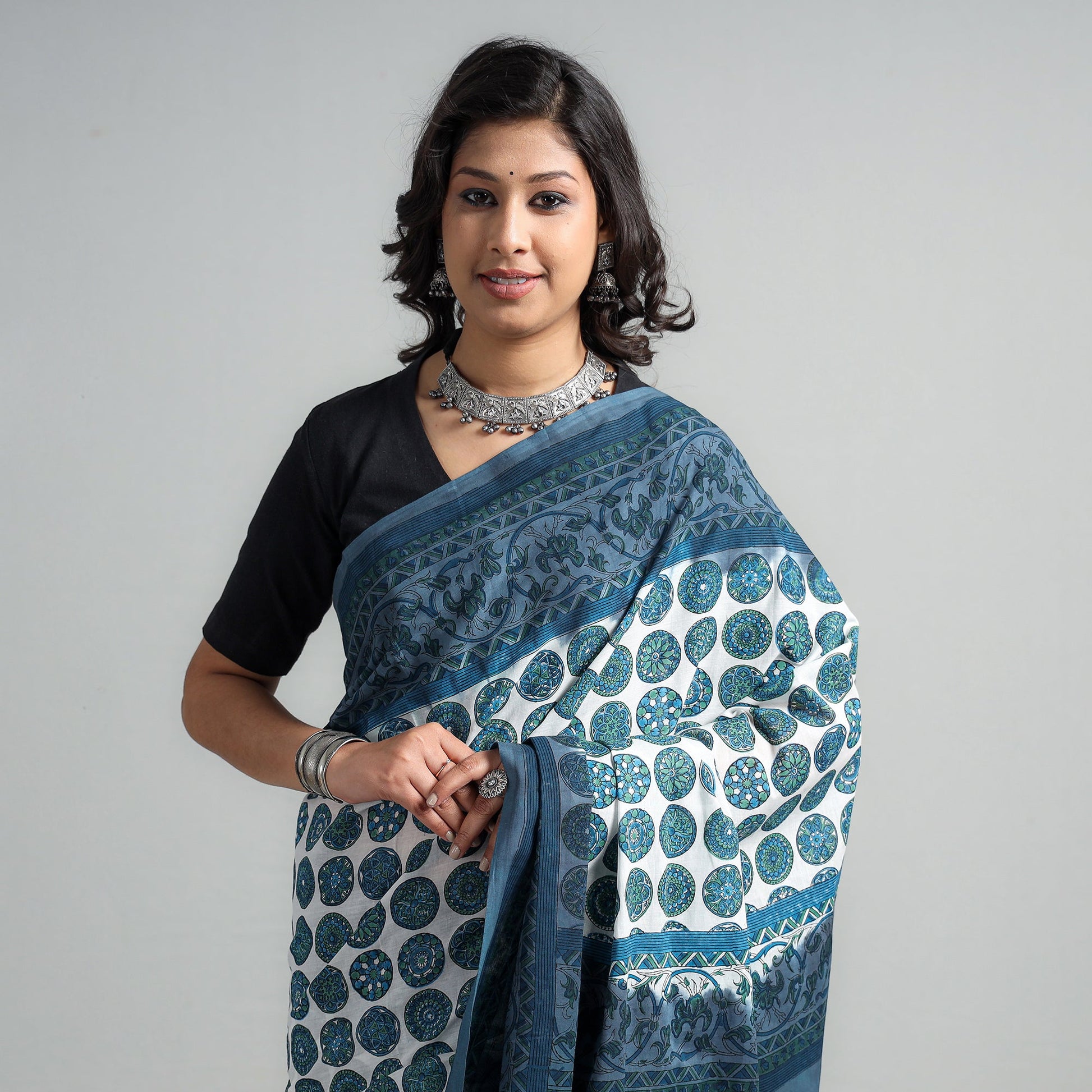 Blue - Block Printed Mul Cotton Sanganeri Saree