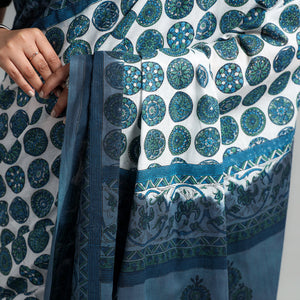 Blue - Block Printed Mul Cotton Sanganeri Saree
