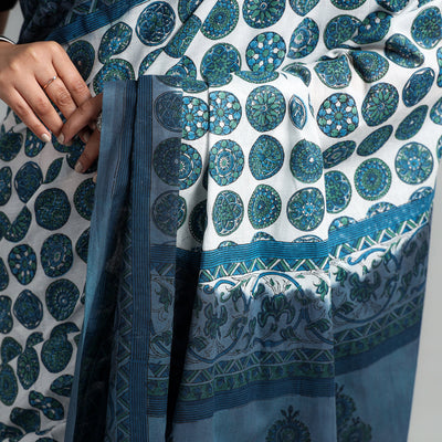 Blue - Block Printed Mul Cotton Sanganeri Saree