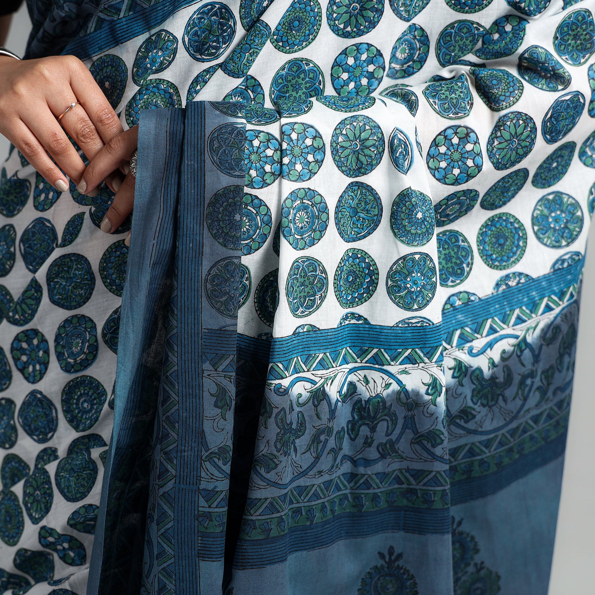 Blue - Block Printed Mul Cotton Sanganeri Saree