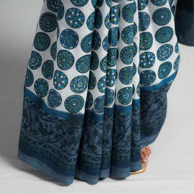 Blue - Block Printed Mul Cotton Sanganeri Saree