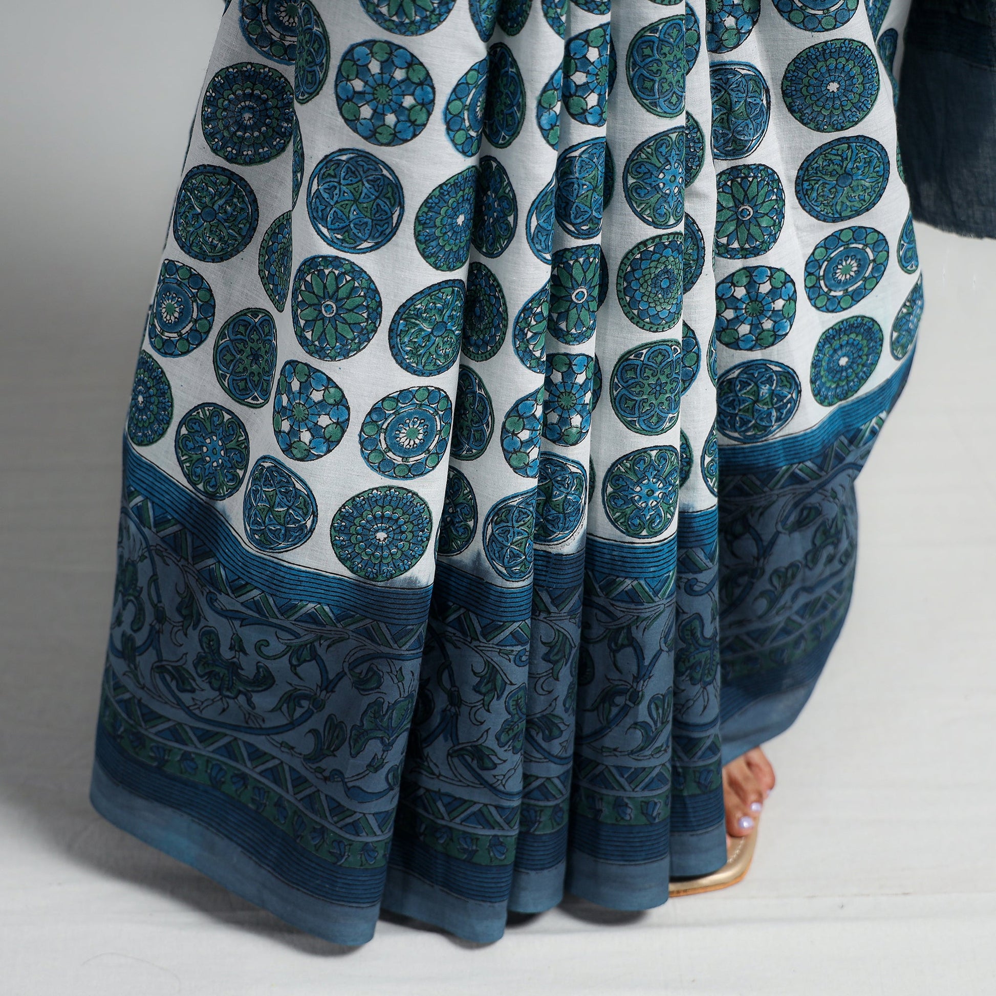 Blue - Block Printed Mul Cotton Sanganeri Saree
