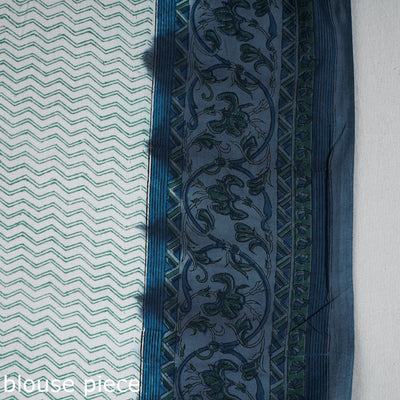 Blue - Block Printed Mul Cotton Sanganeri Saree
