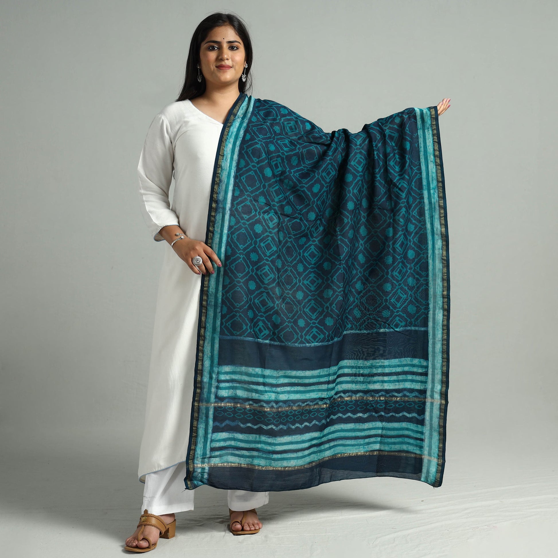Blue - Akola Dabu Block Printed Handloom Chanderi Silk Dupatta 22
