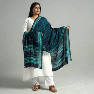 Blue - Akola Dabu Block Printed Handloom Chanderi Silk Dupatta 22