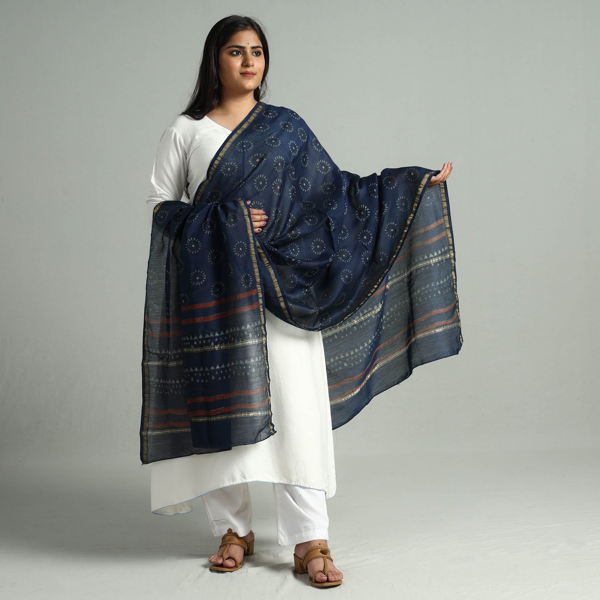 Blue - Akola Dabu Block Printed Handloom Chanderi Silk Dupatta 23