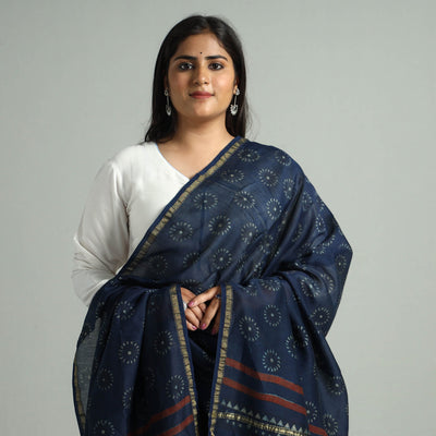 Blue - Akola Dabu Block Printed Handloom Chanderi Silk Dupatta 23