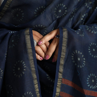 Blue - Akola Dabu Block Printed Handloom Chanderi Silk Dupatta 23