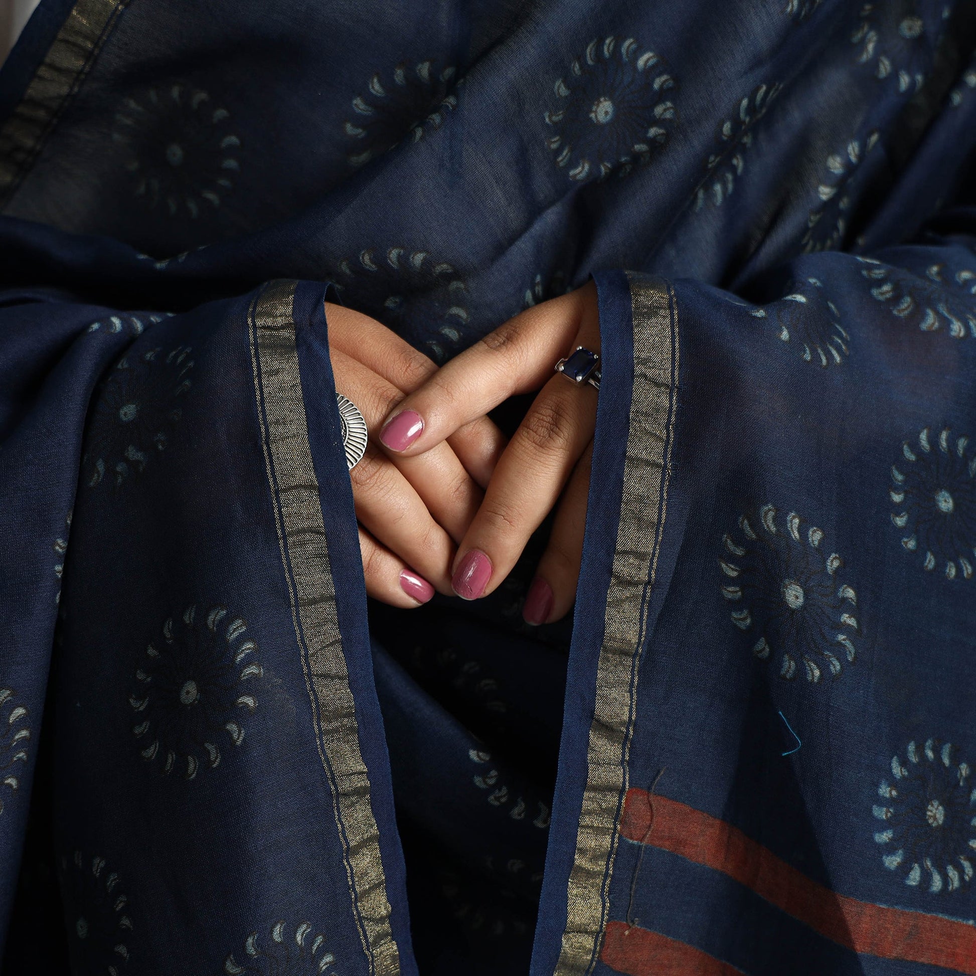 Blue - Akola Dabu Block Printed Handloom Chanderi Silk Dupatta 23